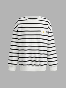 SHEIN Tween Girl Loose Casual Kids Crew Neck Pullover Black & White Striped Floral Decor Long Sleeve Soft Minimalist Sweatshirt, Autumn/Winter Clothing - Black and White - View 6