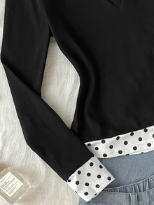 SHEIN Teen Girl Polka Dot Print Contrast Collar 2 In 1 Tee - Black and White - View 5