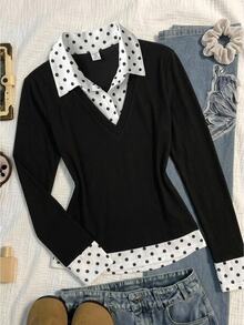 SHEIN Teen Girl Polka Dot Print Contrast Collar 2 In 1 Tee - Black and White - View 2