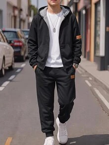 SHEIN 2件組青少年男孩休閒運動皮革貼布字母圖案連帽外套與長褲套裝，適合通勤、上學、日常休閒、度假、旅行、運動，秋冬穿著 - 黑色 - 查看 5