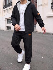 SHEIN 2件組青少年男孩休閒運動皮革貼布字母圖案連帽外套與長褲套裝，適合通勤、上學、日常休閒、度假、旅行、運動，秋冬穿著 - 黑色 - 查看 6
