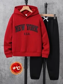 SHEIN 2件組兒童青少年男孩休閒百搭字母印花連帽衫與長褲套裝，適合通勤、上學、日常休閒穿著、外出與運動 - 紅色 - 查看 6