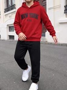 SHEIN 2件組兒童青少年男孩休閒百搭字母印花連帽衫與長褲套裝，適合通勤、上學、日常休閒穿著、外出與運動 - 紅色 - 查看 7