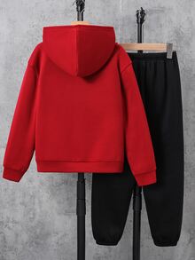 SHEIN 2件組兒童青少年男孩休閒百搭字母印花連帽衫與長褲套裝，適合通勤、上學、日常休閒穿著、外出與運動 - 紅色 - 查看 4