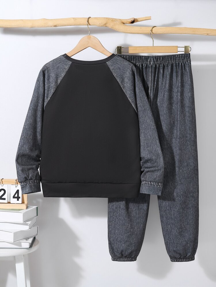 SHEIN 2件組兒童青少年男孩休閒圖案牛仔效果寬鬆長袖連帽衛衣套裝，簡約風格，適合秋冬 - 黑色 - 查看 2