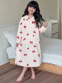 SHEIN Tween Girl Winter Strawberry Kids Heart Pattern Kangaroo Pocket Nightgown Loungewear Autumn - Apricot - View 6