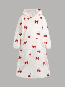 SHEIN Tween Girl Winter Strawberry Kids Heart Pattern Kangaroo Pocket Nightgown Loungewear Autumn - Apricot - View 3