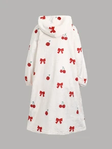 SHEIN Tween Girl Winter Strawberry Kids Heart Pattern Kangaroo Pocket Nightgown Loungewear Autumn - Apricot - View 2