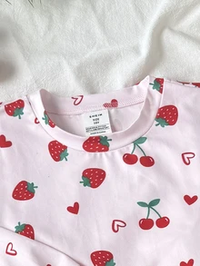 SHEIN Tween女孩秋冬數位童裝印花水果圖案居家服套裝，2件式貼身居家穿著 - 紫色 - 查看 2
