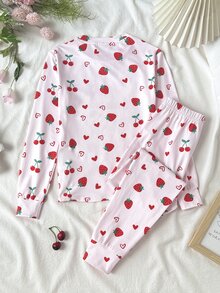 SHEIN Tween女孩秋冬數位童裝印花水果圖案居家服套裝，2件式貼身居家穿著 - 紫色 - 查看 6