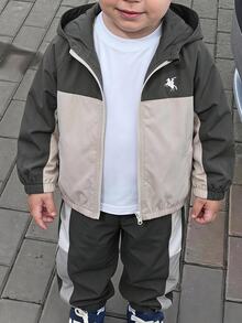 SHEIN Genkimix Kids 幼兒男童秋季拼色夾克，米色與灰色連帽拉鍊休閒外套 - 灰色 - 查看 8