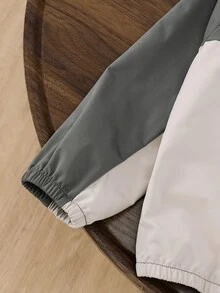 SHEIN Genkimix Kids 幼兒男童秋季拼色夾克，米色與灰色連帽拉鍊休閒外套 - 灰色 - 查看 6