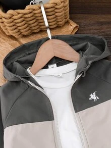 SHEIN Genkimix Kids 幼兒男童秋季拼色夾克，米色與灰色連帽拉鍊休閒外套 - 灰色 - 查看 4