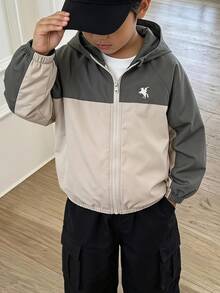 SHEIN Genkimix Kids 幼兒男童秋季拼色夾克，米色與灰色連帽拉鍊休閒外套 - 灰色 - 查看 1