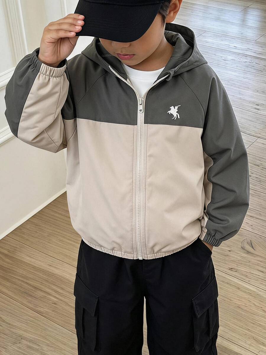 SHEIN Genkimix Kids 幼兒男童秋季拼色夾克，米色與灰色連帽拉鍊休閒外套 - 灰色 - 查看 1