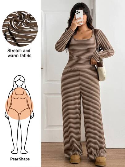 Shapeblank Plus Size Women Square Neck Brown Long Sleeve T-Shirt And Wide Leg Pants Casual Traditional 2 Pieces Set Autumn Formal Office Date Night Brunch Lounge