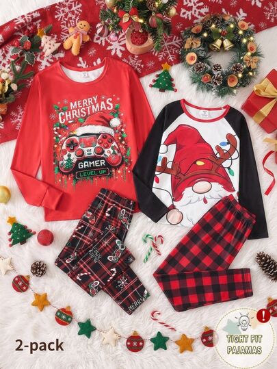 Pijama Infantil Masculino 2 Peças Natal Outono/Inverno Ajuste Justo Manga Longa Calça Estampa Outono e Inverno