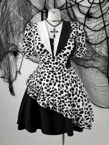Sunspun Gaun Fashion Wanita Ukuran Besar Lengan Pendek Motif Kelopak Bunga dengan Hiasan Ruffle di Bagian Bawah untuk Halloween - MultiWarna - View 6