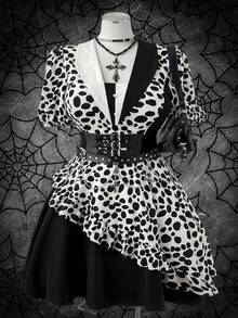 Sunspun Gaun Fashion Wanita Ukuran Besar Lengan Pendek Motif Kelopak Bunga dengan Hiasan Ruffle di Bagian Bawah untuk Halloween - MultiWarna - View 1