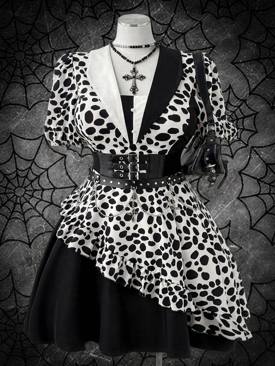 Sunspun Gaun Fashion Wanita Ukuran Besar Lengan Pendek Motif Kelopak Bunga dengan Hiasan Ruffle di Bagian Bawah untuk Halloween - MultiWarna - View 1