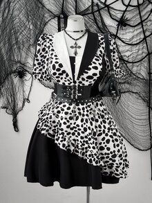 Sunspun Gaun Fashion Wanita Ukuran Besar Lengan Pendek Motif Kelopak Bunga dengan Hiasan Ruffle di Bagian Bawah untuk Halloween - MultiWarna - View 8