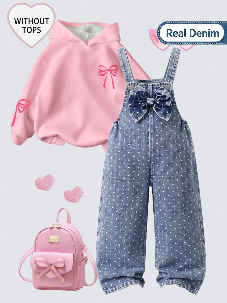 SHEIN Genkimix Kids 女童牛仔吊帶褲，四季皆宜，可愛休閒風，復古中藍色牛仔布，胸前3D大蝴蝶結設計搭配白色波點印花，直筒寬鬆版型，柔軟舒適面料，百搭時尚風格，適合日常穿著、度假、旅行等多種場合