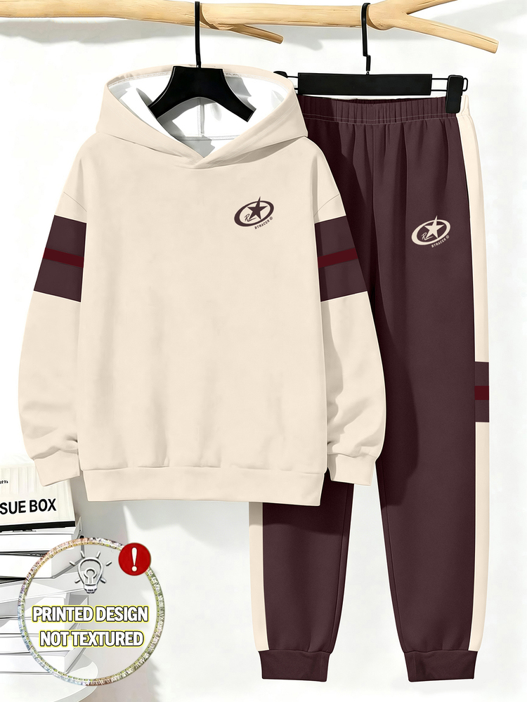 2pcs Tween Boys Sweatshirt Set Streetwear Brown Beige Star Print Long Sleeve Hooded Oversized Autumn Back To School School Casual - Multicolor - View 6