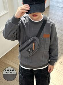 SHEIN Tween Boys 3D Letter Crew Neck Sweatshirt, Loose Casual Long Sleeve Pullover Top, Textured Style, Spring/Autumn - Dark Grey - View 1