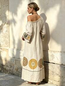 Balvessa Loose Linen Long Dress With Digital Print Pattern - Khaki - View 3