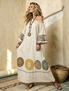 Balvessa Loose Linen Long Dress With Digital Print Pattern - Khaki - View 6