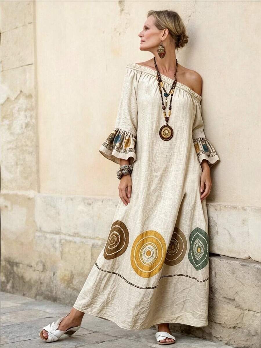 Balvessa Loose Linen Long Dress With Digital Print Pattern