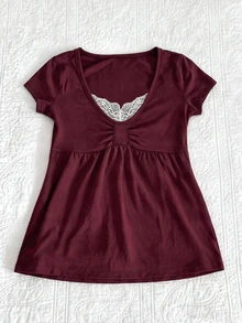 IslaSuriya Women's Summer Casual Lace Patchwork T-Shirt - Burgundy - View 3