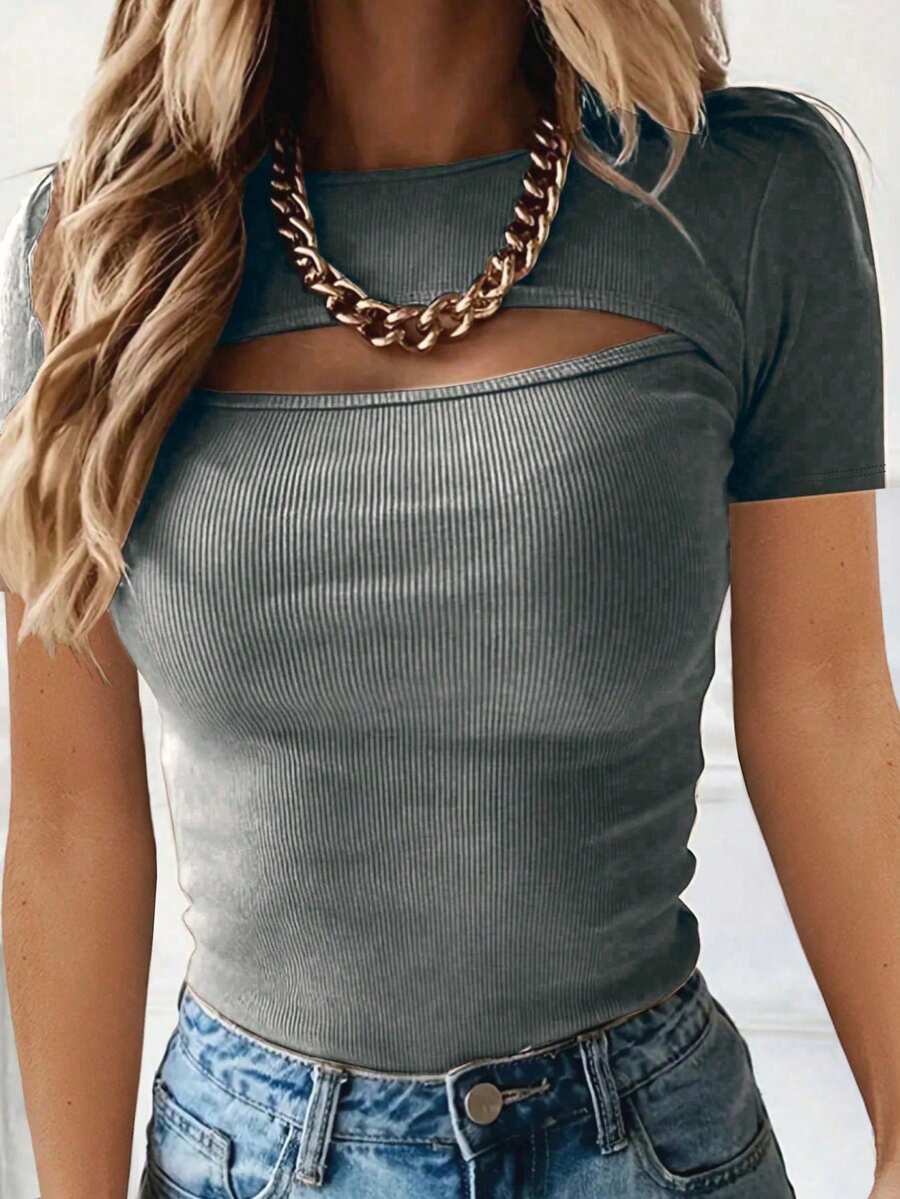 Selamara Women's Solid Color Cutout Design Round Neck Short Sleeve Slim Fit T-Shirt - Dark Grey - View 1