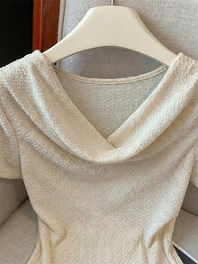 GlowEve Summer Casual Solid Color Textured Draped Neck Short Sleeve T-Shirt - Apricot - View 6
