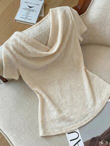 GlowEve Summer Casual Solid Color Textured Draped Neck Short Sleeve T-Shirt - Apricot - View 3