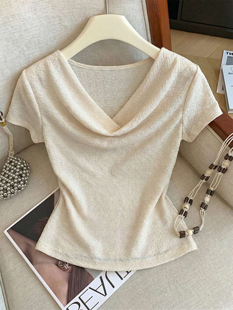 GlowEve Summer Casual Solid Color Textured Draped Neck Short Sleeve T-Shirt - Apricot - View 1