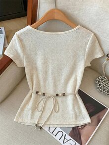 GlowEve Summer Casual Solid Color Textured Draped Neck Short Sleeve T-Shirt - Apricot - View 2