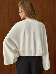 EURMUSE Cream Mock Neck Ribbed Knit Sweater With Drop Shoulder Relaxed Fit, Soft Fine Gauge Texture Minimal Clean Look Cozy Everyday Pullover Top - White - View 5