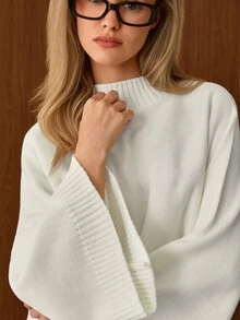 EURMUSE Cream Mock Neck Ribbed Knit Sweater With Drop Shoulder Relaxed Fit, Soft Fine Gauge Texture Minimal Clean Look Cozy Everyday Pullover Top - White - View 6