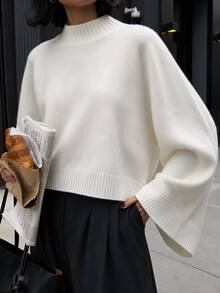 EURMUSE Cream Mock Neck Ribbed Knit Sweater With Drop Shoulder Relaxed Fit, Soft Fine Gauge Texture Minimal Clean Look Cozy Everyday Pullover Top - White - View 3