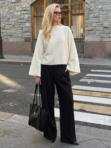 EURMUSE Cream Mock Neck Ribbed Knit Sweater With Drop Shoulder Relaxed Fit, Soft Fine Gauge Texture Minimal Clean Look Cozy Everyday Pullover Top - White - View 4