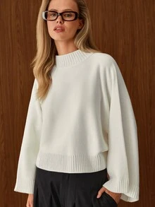 EURMUSE Cream Mock Neck Ribbed Knit Sweater With Drop Shoulder Relaxed Fit, Soft Fine Gauge Texture Minimal Clean Look Cozy Everyday Pullover Top - White - View 10
