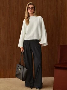 EURMUSE Cream Mock Neck Ribbed Knit Sweater With Drop Shoulder Relaxed Fit, Soft Fine Gauge Texture Minimal Clean Look Cozy Everyday Pullover Top - White - View 7