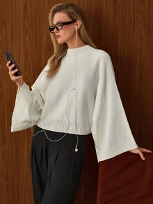 EURMUSE Cream Mock Neck Ribbed Knit Sweater With Drop Shoulder Relaxed Fit, Soft Fine Gauge Texture Minimal Clean Look Cozy Everyday Pullover Top - White - View 8