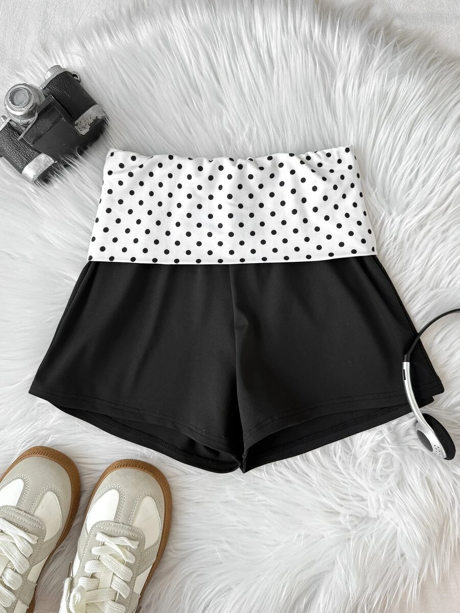 SHEIN Tween Girl Casual Polka Dot Patchwork Solid Color Shorts, 1Pack - Black - View 1