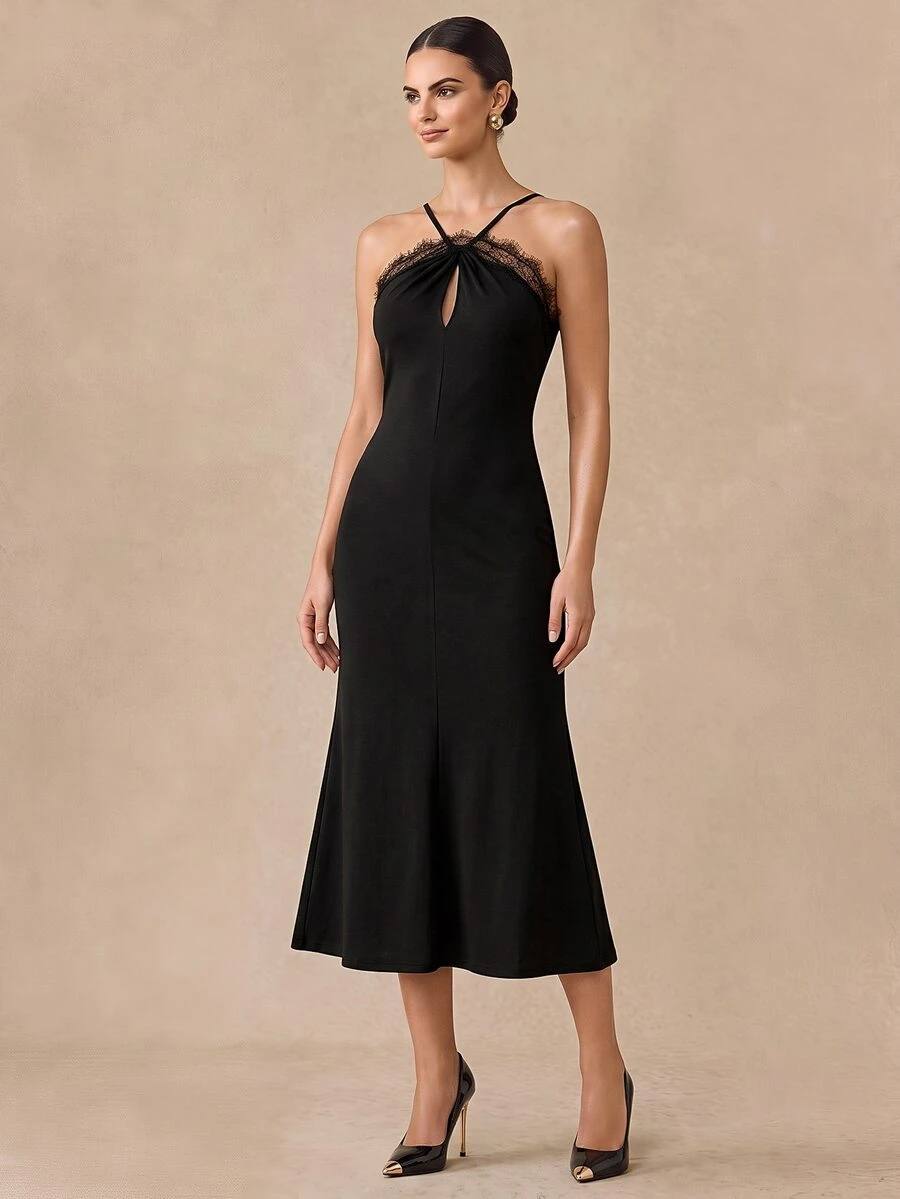 Almamuse Women Elegant Contrast Lace Mini Dress - Black - View 1