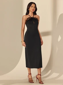 Almamuse Women Elegant Contrast Lace Mini Dress - Black - View 6