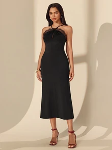 Almamuse Women Elegant Contrast Lace Mini Dress - Black - View 5