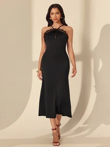 Almamuse Women Elegant Contrast Lace Mini Dress - Black - View 3