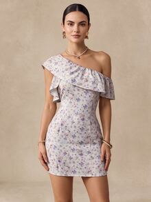 Almamuse Women Floral Print Ruffle Asymmetrical Neck Elegant Mini Dress - Mauve Purple - View 1